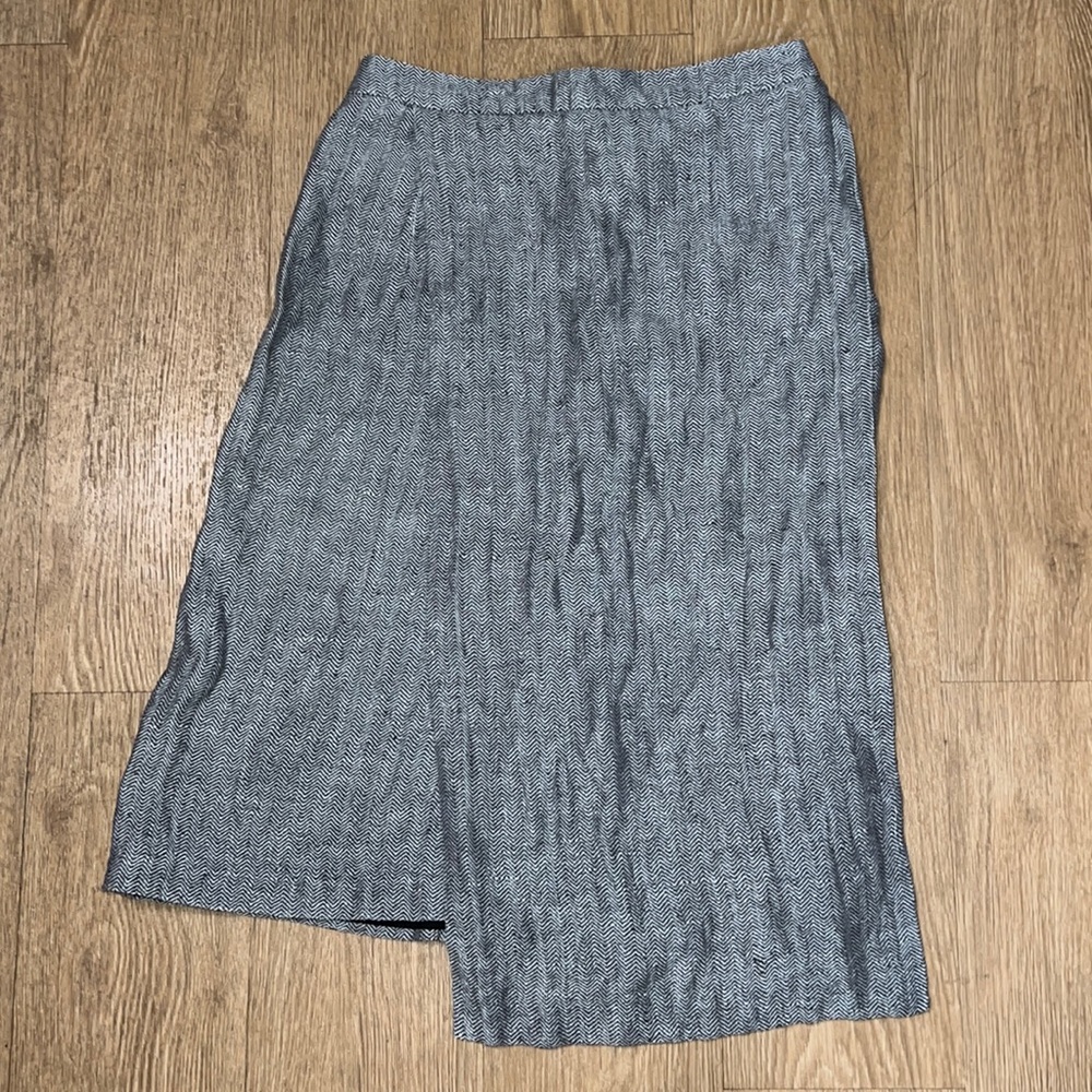 Dark grey and white silk and linen asymmetrical midi pencil skirt